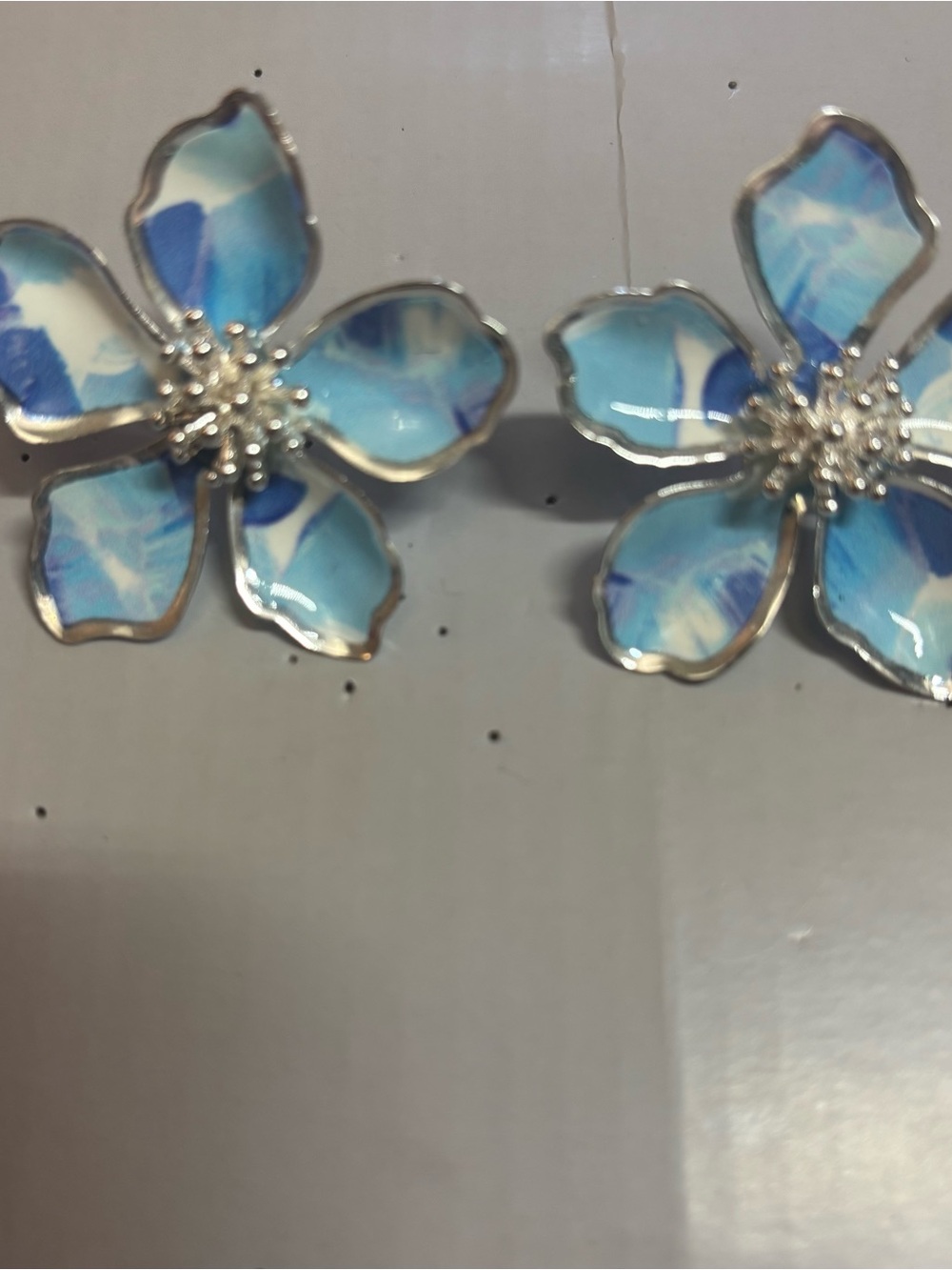 Blue and White Silver Flower Petal Earrings